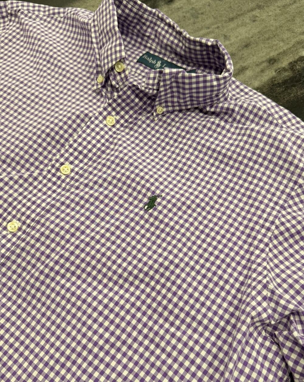 Vintage Polo Ralph Lauren Mens XL Purple Gingham Green Pony Button Down Shirt